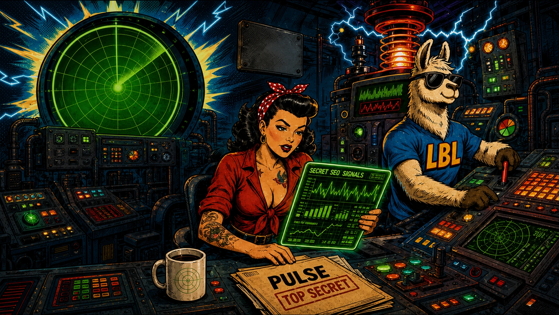 PULSE control room — a retro operator and the GODLLAMA reading secret SEO signals
