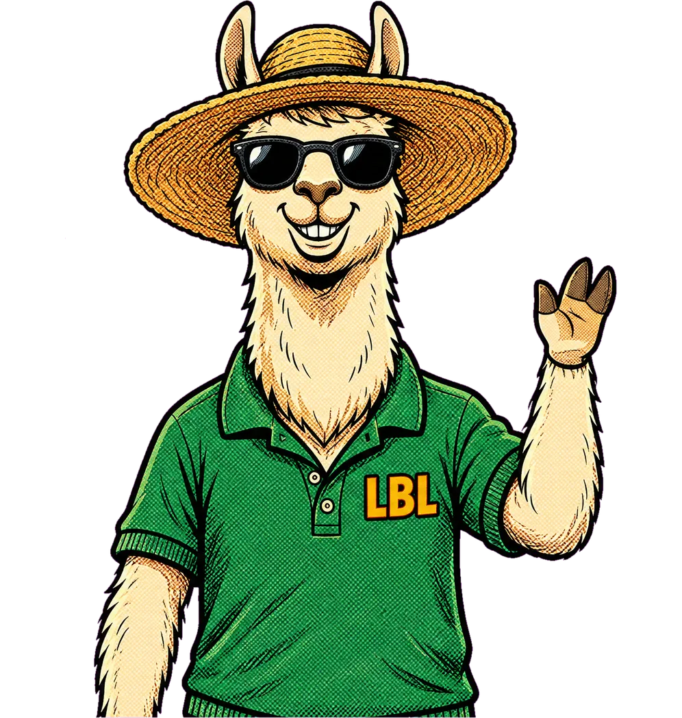 The Laid Back Llama mascot in a straw hat and green polo, waving